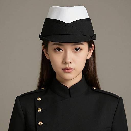Photograph of an Asian woman with long black hair, wearing a black military-style uniform with gold buttons, and a white and black hat, against a