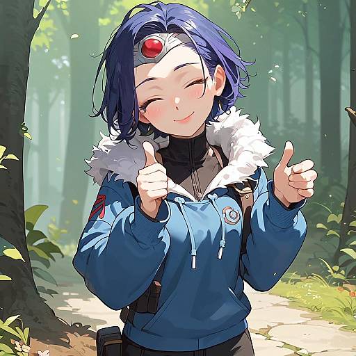 Anime-style digital drawing of a smiling girl with blue hair, red forehead gem, blue jacket with white fur, thumbs up, in a sunlit forest