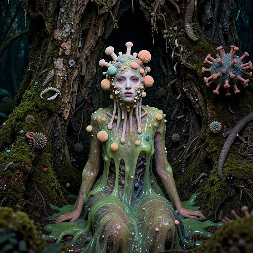 Photograph of a surreal, alien-like woman with a green, slime-like body, adorned with colorful, jelly-like orbs, sitting in a dark,