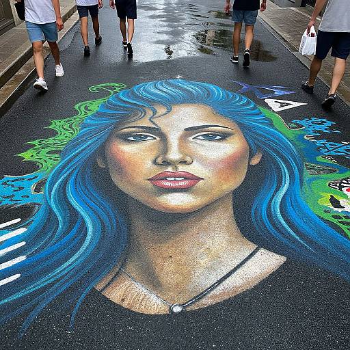 Photograph of vibrant street mural on wet asphalt featuring a blue-haired woman's face with realistic eyes, surrounded by green and blue abstract patterns, with people