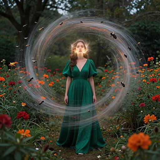 Photograph of a fair-skinned woman in a green dress, standing in a vibrant flower garden, surrounded by a glowing, swirling vortex of butterflies.