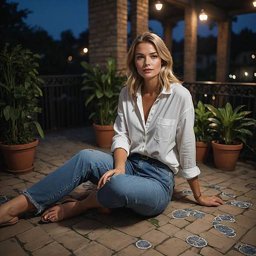 Blonde Woman Sitting on Old-World Balcony at Night