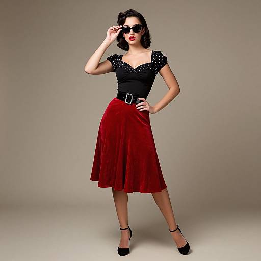 Photograph of a vintage-style woman with dark wavy hair, wearing black polka-dot top, red velvet skirt, black belt, black heels,