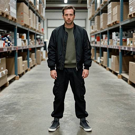 Photograph of a muscular, bearded man with short brown hair, wearing a black jacket, gray sweater, black pants, and black sneakers, standing
