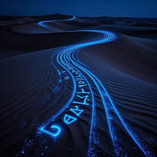Photograph of a dark desert at night with glowing blue neon lights tracing a winding path and spelling 