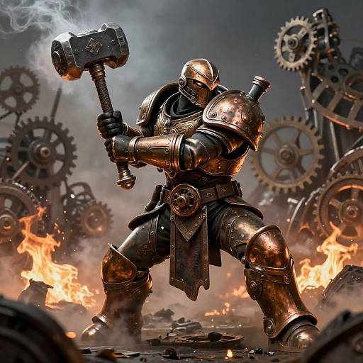 Digital art of a muscular, armored warrior wielding a massive hammer amidst a battlefield with gears and flames, smoke rising.