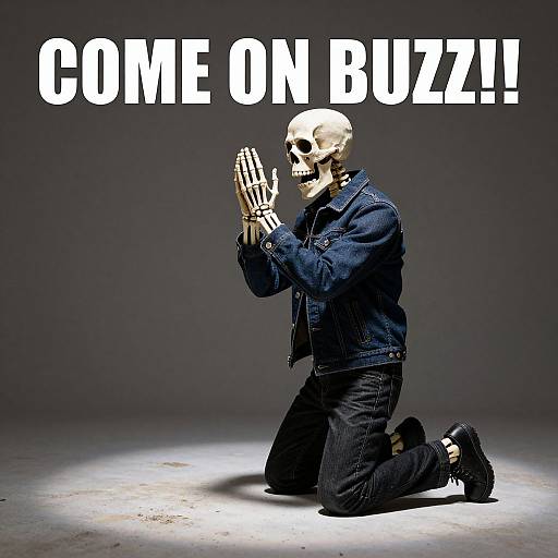 Photograph of a kneeling skeleton in a denim jacket and black pants, praying, with bold white text above saying 