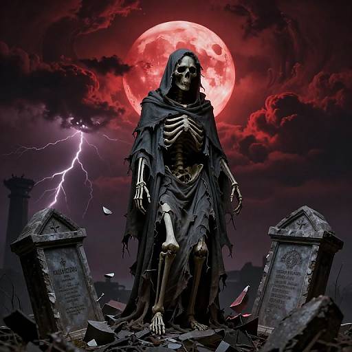 Photograph-like digital artwork of a skeletal figure in tattered black cloak, standing on graves, under a red full moon, with lightning in dark storm