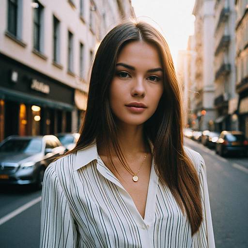 Young Woman with Center Part Hair on City Street