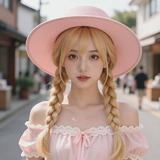 Young woman in pink hat and dress with blonde braids