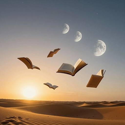 Photograph of five open books floating in a desert under a twilight sky with three crescent moons. Sun sets over orange-hued dunes. Books