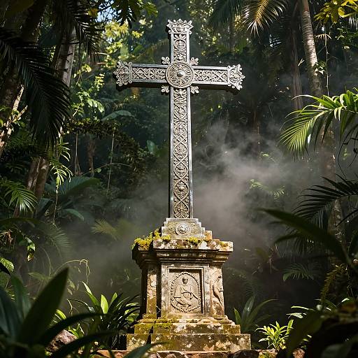 Photograph of an ornate, silver cross on a moss-covered stone tomb in a dense, sunlit jungle, surrounded by lush greenery and mist