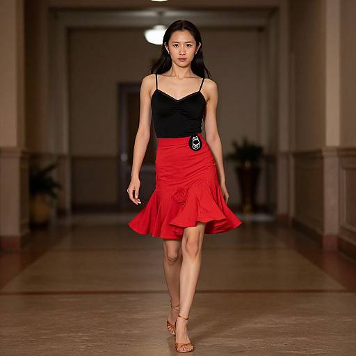 Photograph of an Asian woman with long black hair, wearing a black spaghetti-strap top and red A-line skirt, walking down a dimly lit