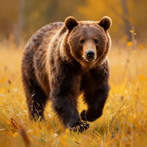 Photograph of a large, brown grizzly bear walking through a vibrant, golden autumn field with blurred trees in the background.