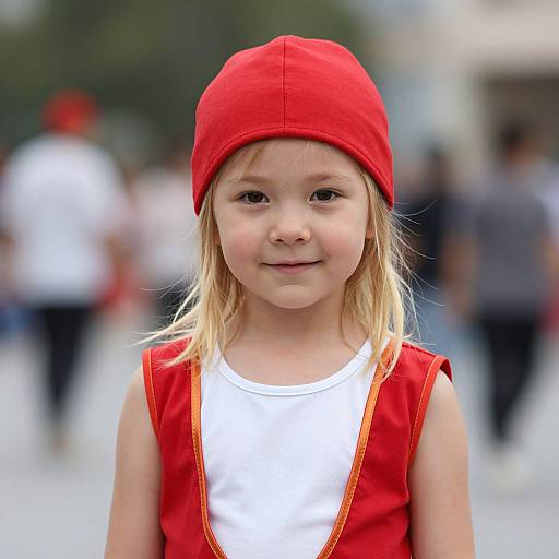 Photograph of a young blonde girl with fair skin, wearing a red hat and sleeveless red top over a white shirt, smiling in a blurred outdoor