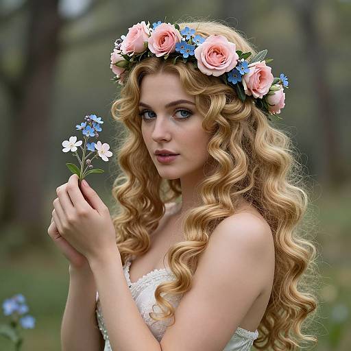 Photograph of a blonde woman with curly hair, wearing a pink and blue flower crown, holding blue and white flowers, in a forest. She has