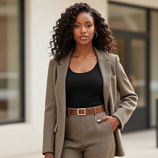 Photograph of a confident Black woman with curly hair, wearing a black tank top, brown and black checkered blazer, and matching high-wa