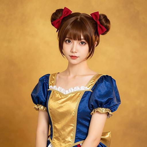 Photorealistic CGI of a young Asian woman with brown hair in double buns, wearing a blue and gold Disney-inspired dress with red bows, against