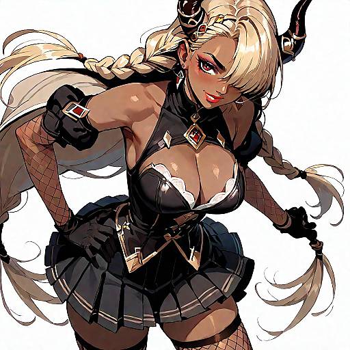 Digital anime-style drawing of a curvy, blonde, dark-skinned demon girl with large breasts, black outfit, fishnet gloves, and horns,