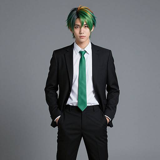 Photograph of an Asian man with green and orange-streaked hair, wearing a black suit, white shirt, and green tie, standing against a