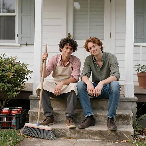 Relaxed Moments: Two Men on Steps