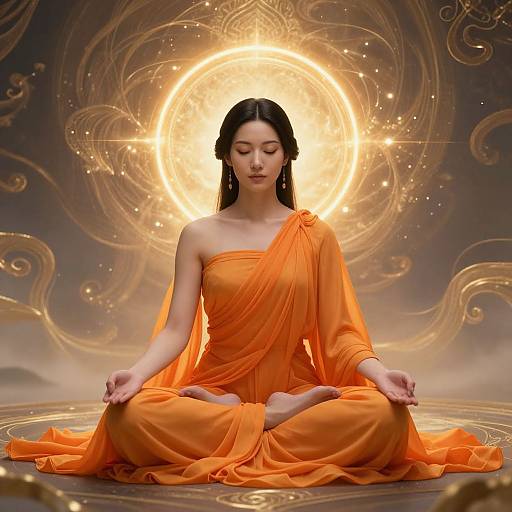 Photograph-style digital art of a serene Asian woman with long black hair, wearing an orange sari, meditating in lotus position, glowing golden
