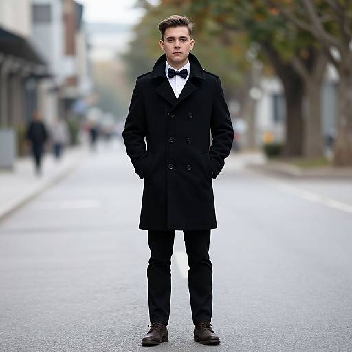 Photograph of a young, handsome Caucasian man with short brown hair, wearing a black double-breasted coat, white shirt, black bow tie, black