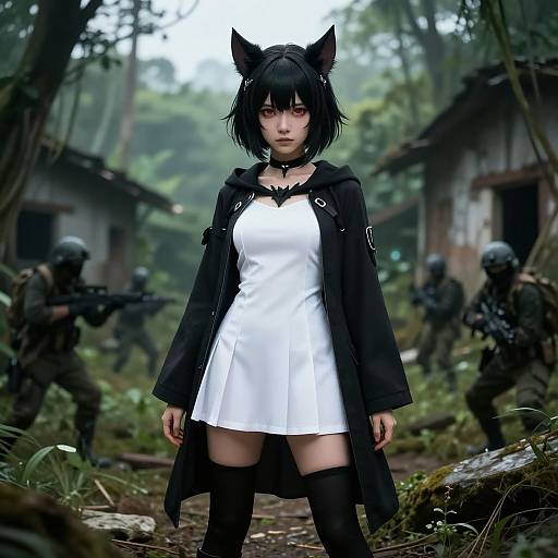 Digital art: Anime-style girl with black cat ears, short black hair, white dress, black coat, thigh-high socks, surrounded by armed soldiers in