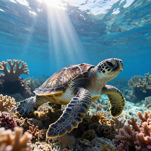 Photograph of a sea turtle swimming underwater, sunlight streaming from the surface, surrounded by colorful coral reefs. Vibrant blue ocean background.