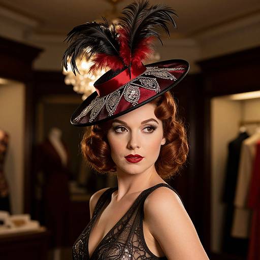 Photograph of a fair-skinned, red-lipped woman with vintage, wavy brown hair, wearing a black, sparkly dress and a black