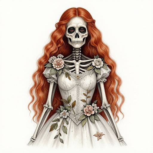 Digital illustration of a skeleton woman with long, wavy red hair, wearing a white, floral-embellished dress, standing against a white background