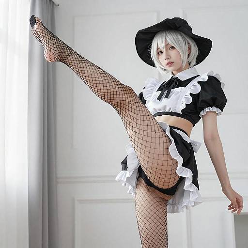 White-Haired Maid in Fishnet Stockings