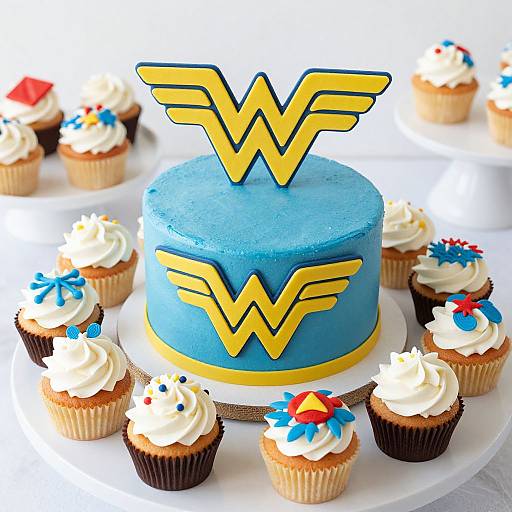 Photograph of a blue, round cake with yellow 