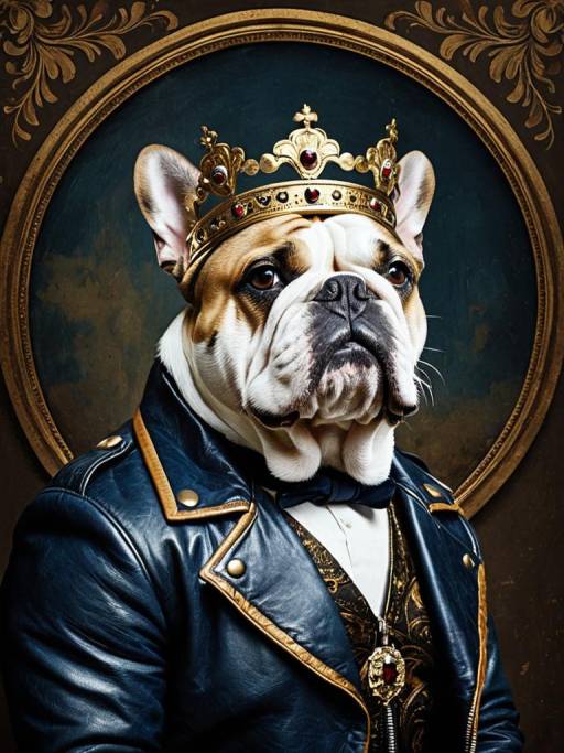 Regal Bulldog Portrait with Crown and Leather Jacket