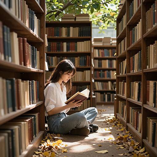 Photograph of a young woman with long brown hair, wearing a white blouse and blue jeans, sitting on library floor between bookshelves, reading a