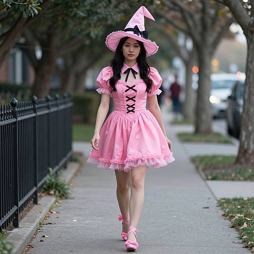 Pink Witch Costume Walking Sidewalk