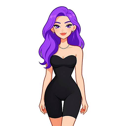 Digital anime-style drawing of a confident woman with long purple hair, wearing a tight black strapless dress, and a silver necklace, smiling against a white
