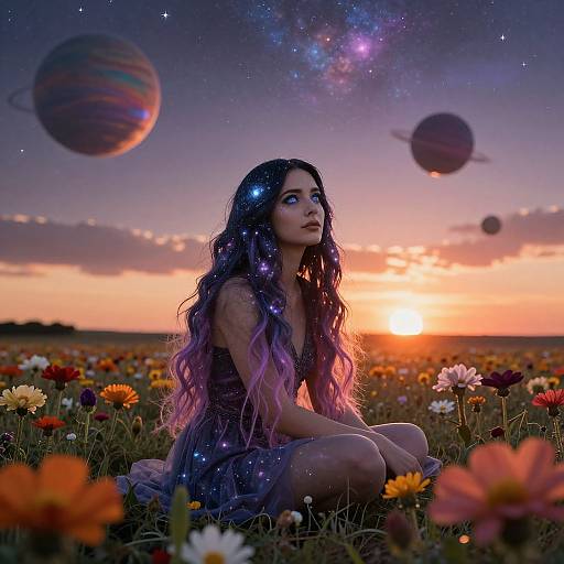 Dreamy photograph of a young woman with long, starry purple and blue hair, sitting in a colorful flower field at sunset, with floating planets in