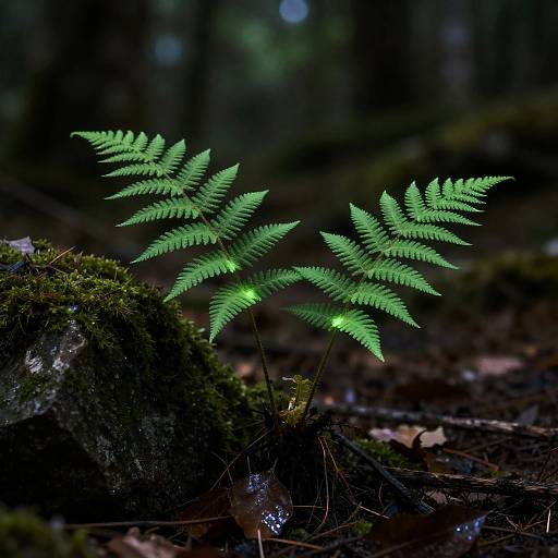 Photograph of glowing green fern leaves in a dark forest, illuminated by bioluminescence, with moss-covered rocks and blurred background.
