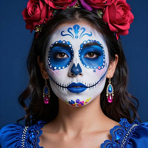 Photograph of a woman with white face paint, blue eye makeup, and red flower crown, wearing blue dress and colorful floral earrings.