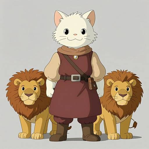 Cartoon white cat in medieval attire stands between two yellow lions with brown manes, all against a light blue background.