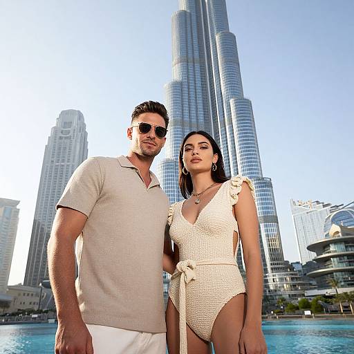 Photograph of a handsome man in a white polo and a beautiful woman in a white crochet swimsuit, standing in front of a tall, modern skys