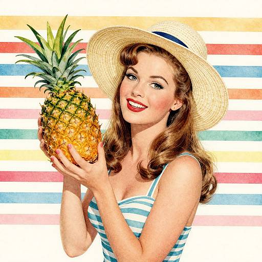 Vintage-style illustration of a smiling woman with red lipstick, wearing a striped dress and straw hat, holding a pineapple against a colorful striped background.