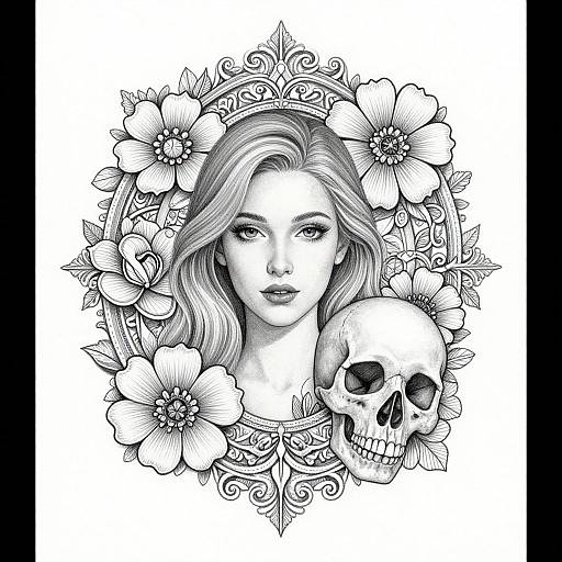 Black-and-white tattoo-style illustration of a woman with flowing hair, surrounded by flowers, with a skull in her right.