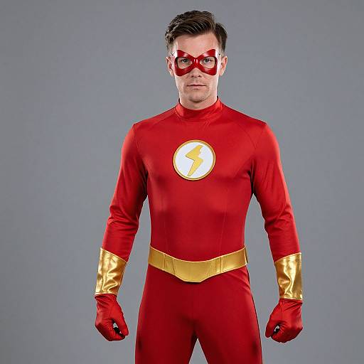 Photograph of a man in a red superhero costume with gold accents, red gloves, and a lightning bolt emblem, wearing a red mask, standing against