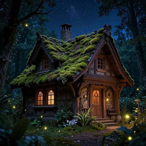 Magical, moss-covered cottage with glowing windows nestled in a starlit forest, surrounded by twinkling fireflies and illuminated by soft, yellow lights.