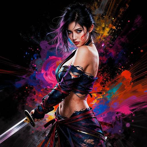 Digital art of an intense, dark-haired, Asian woman warrior with exposed midriff, torn black armor, holding a sword, against vibrant, colorful