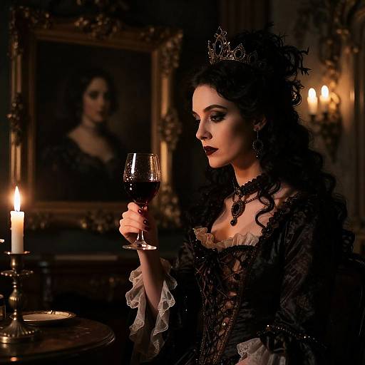 Regal Gothic Countess with Wine in Antique Mansion
