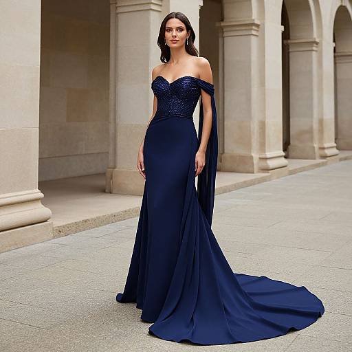 Photograph of a beautiful brunette woman in an off-shoulder, navy blue, floor-length evening gown with a long train, standing in a classical