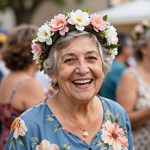 Photograph of a smiling elderly woman with short gray hair, wearing a floral crown and blue floral dress, outdoors, surrounded by blurred people.